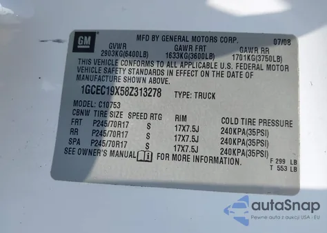 2008 Chevrolet Silverado 1500 Work Truck from USA, damaged, VIN 1GCEC19X58Z313278